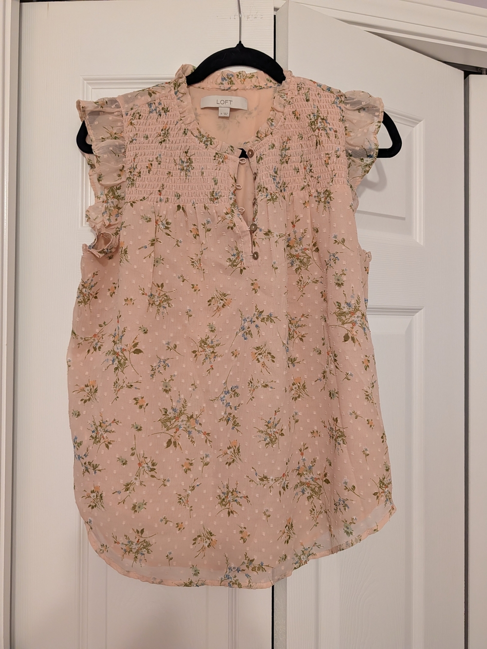 LOFT Pink Floral Smocked Ruffle Sleeveless Top